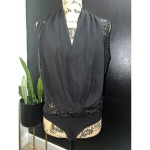 Eva Mendes New York Company Medium Sequin Bodysuit Top Black Sleeveless Drape